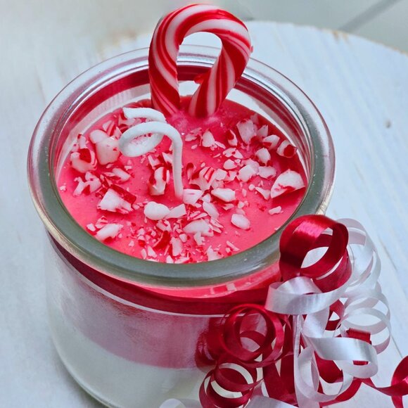 Handmade Candle ✦ Candy Cane & Christmas Tree ✦ Soy Wax in Recycled Yogurt Jar - Picture 2 of 6